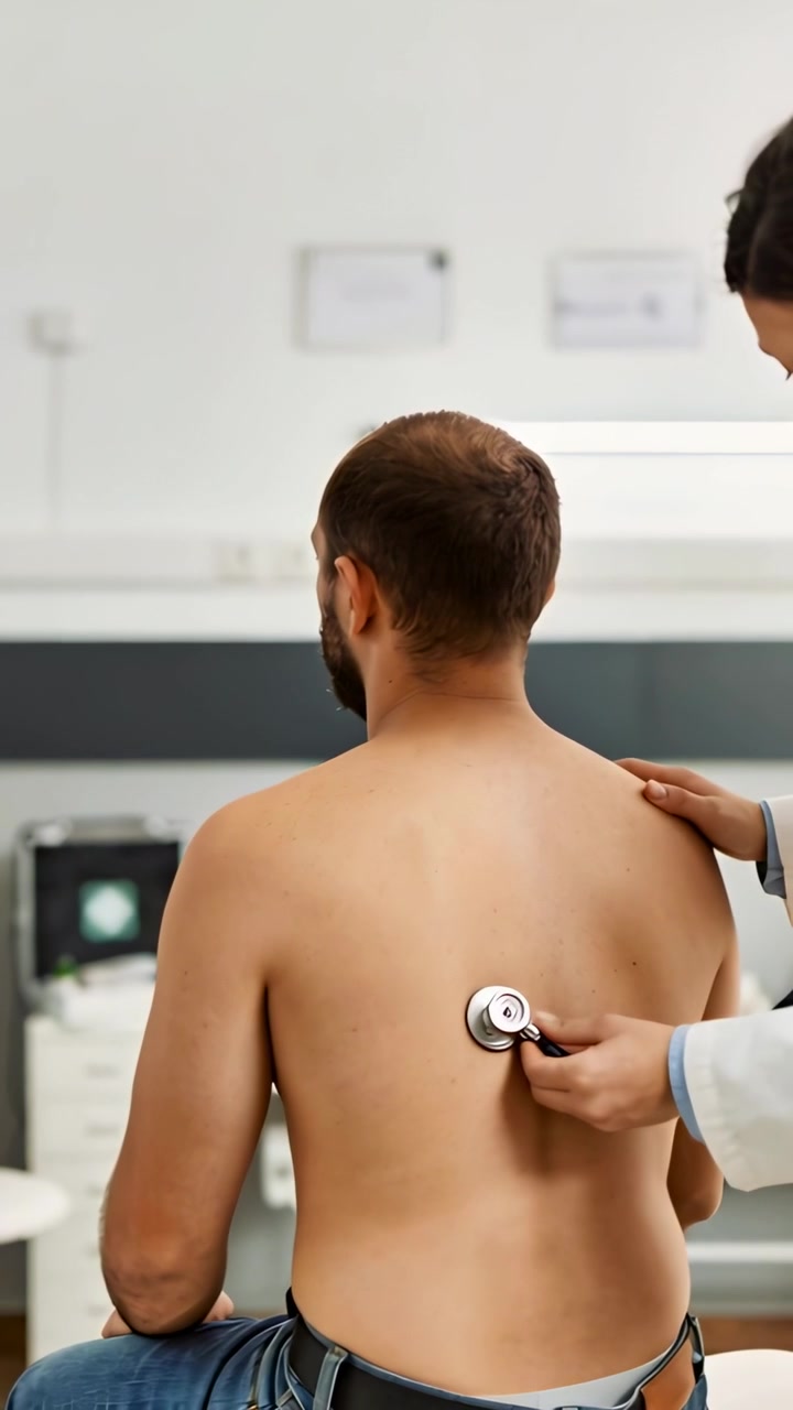 Vertical video: Starting exam Dr in coat placing stethoscope on bare back checking lungs in clinic