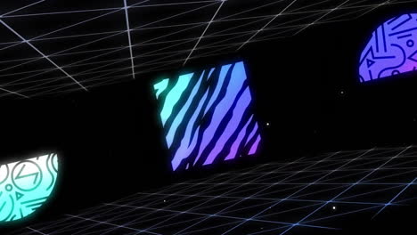 animación de círculos y formas que se mueven sobre la cuadrícula sobre fondo negro
