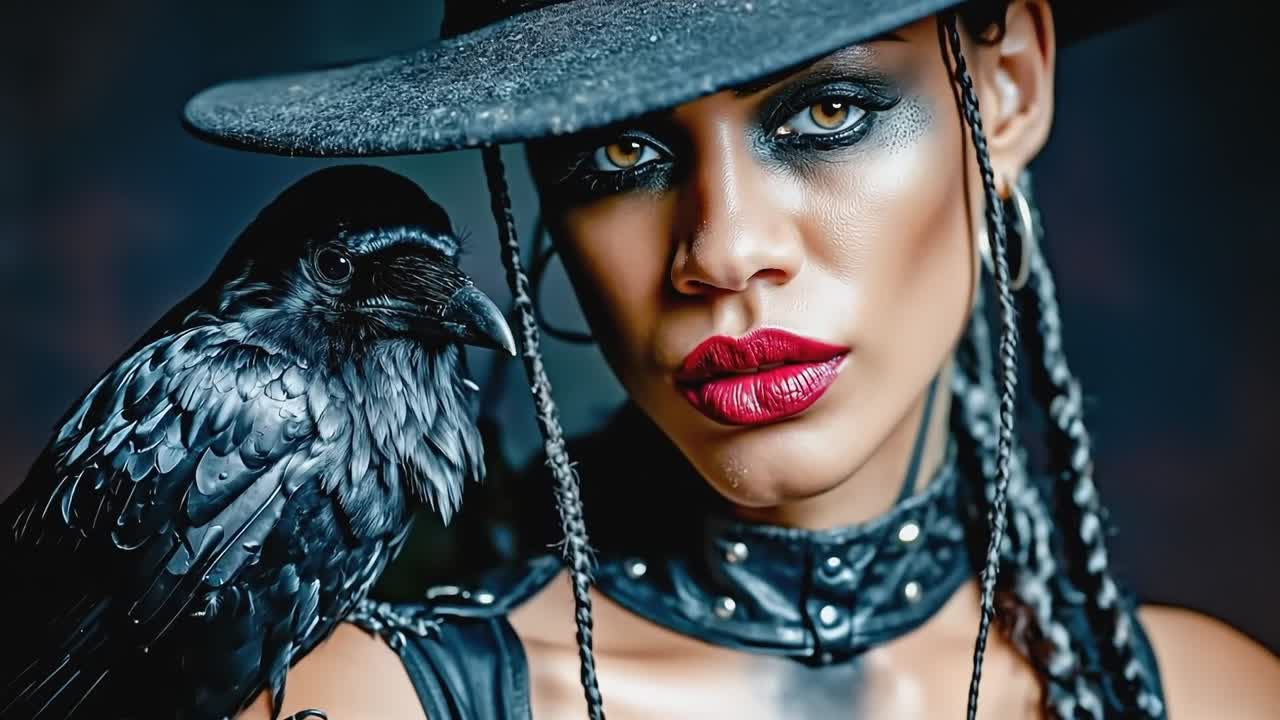 검은 모자와 빨간 립스틱을 입은 여자