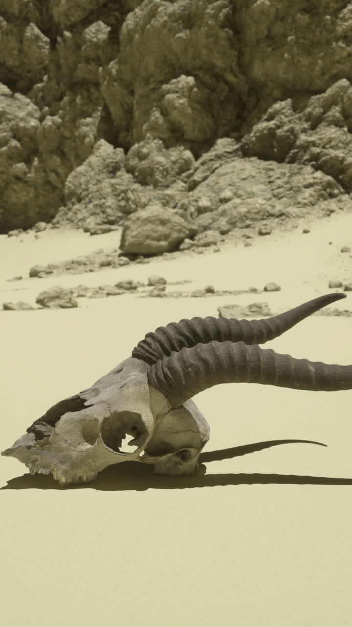 Desert landscape featuring a unique animal skull near rocky formations