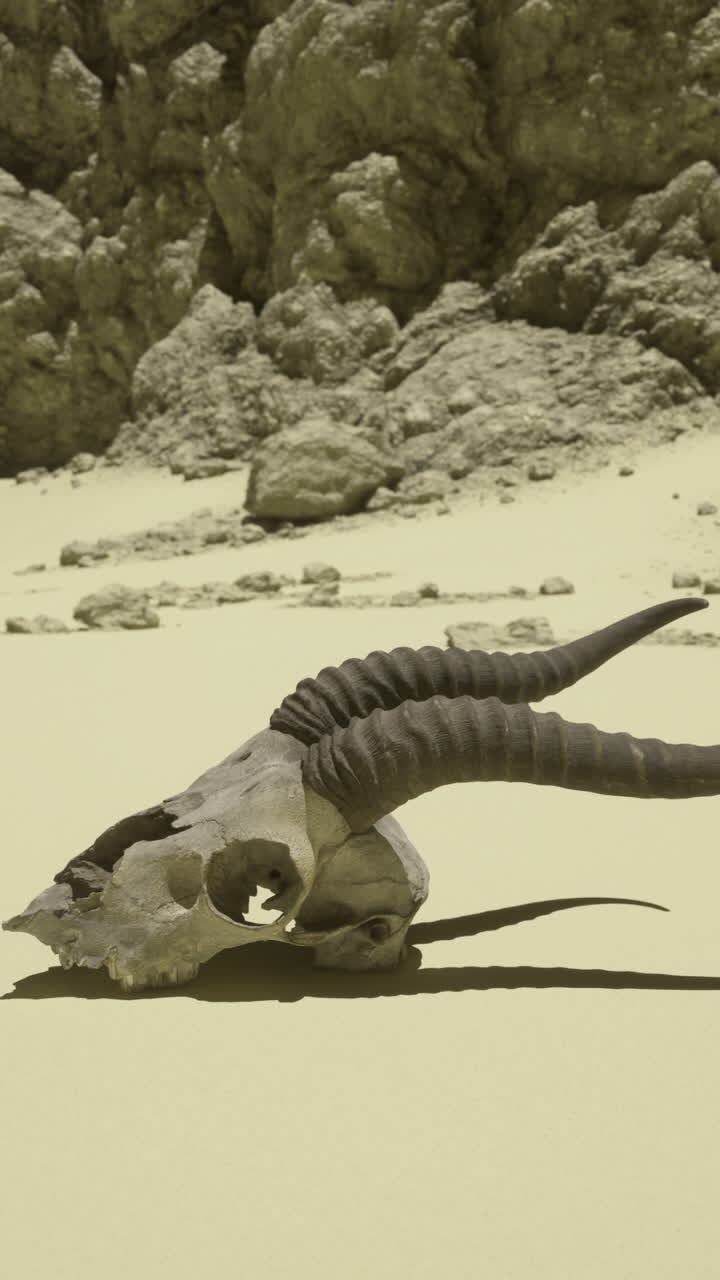 Desert landscape featuring a unique animal skull near rocky formations