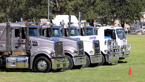 lineup of trucks at a public event