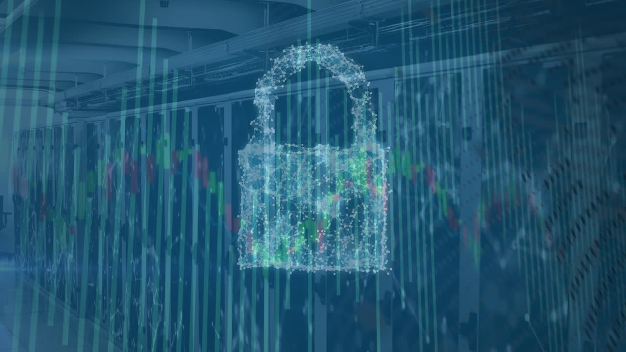 보안 잠금, 방패 및 클라우드 아이콘의 애니메이션 및 서버  ⁇ 에 대한 데이터 처리