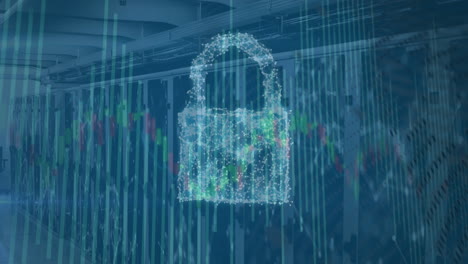 animation of security padlock, shield and cloud icon and data processing against server room