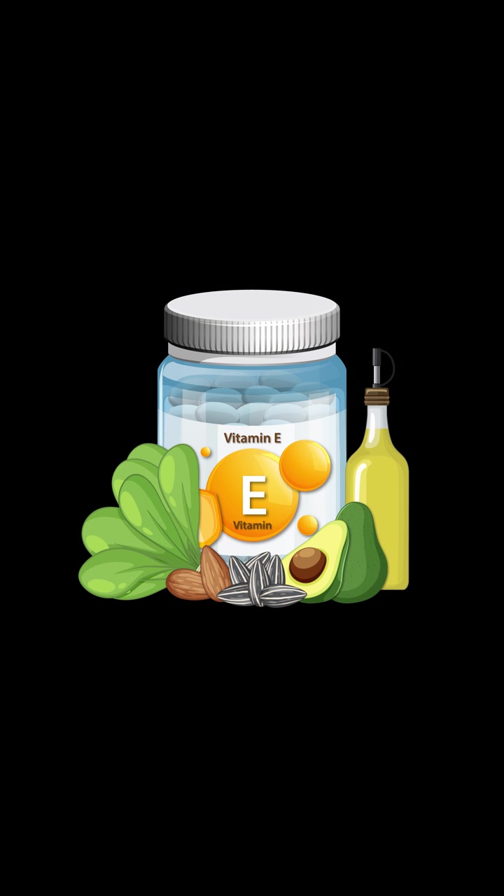 Flacone di vitamina E con noci, semi, verdure, olio e avocado su sfondo nero