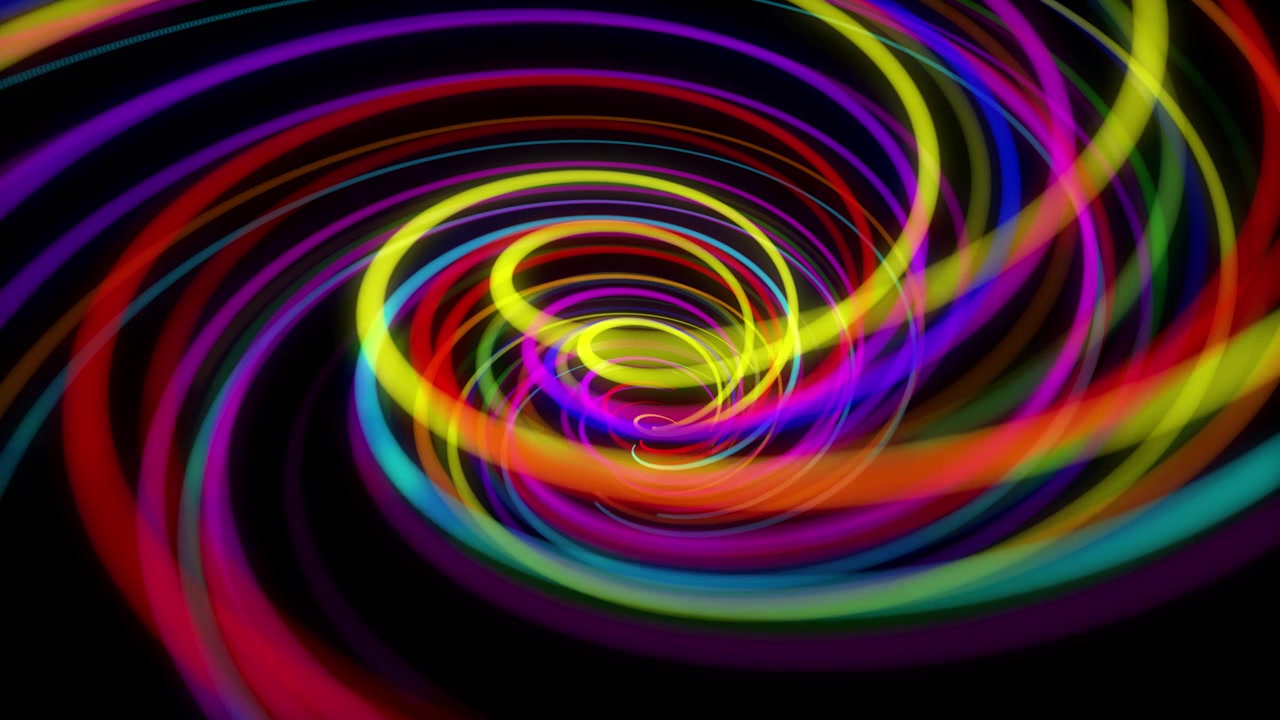 Elegante sfondo astratto creativo in 4K. Linee colorate che si avvolgono a spirale volano lungo un percorso sinuoso. Sfondo di motion design di particelle che formano linee, eliche e strutture astratte. Render 3D.