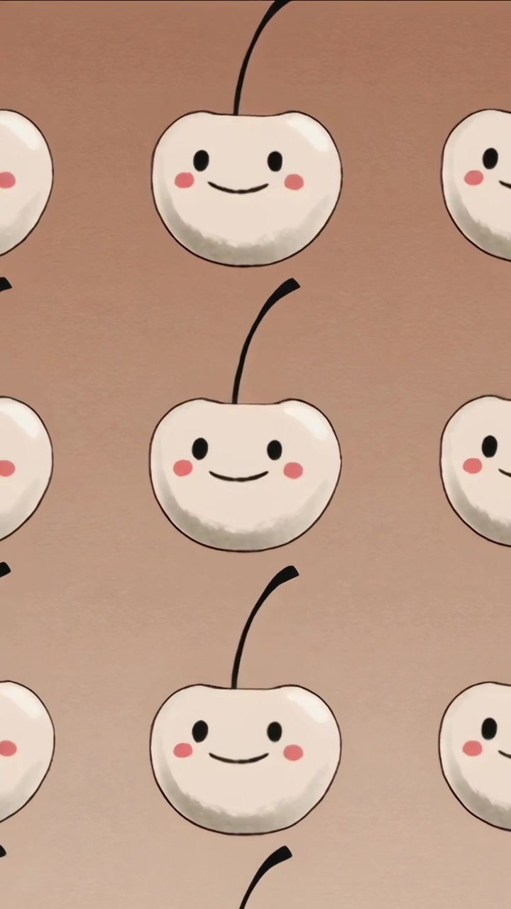 Vertical video: Playing loop, center cream cherry sliding up on brown, forming rosy-cheek wallpaper