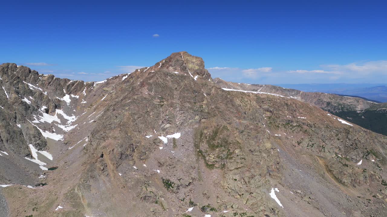 Morning daytime sunny blue sky summer Mount of the Holy Cross 14er peak wilderness Sawatch Range aerial drone Colorado Rocky Mountain Bowl of Tears lake Halo Ridge Notch Mountain parallax circle right