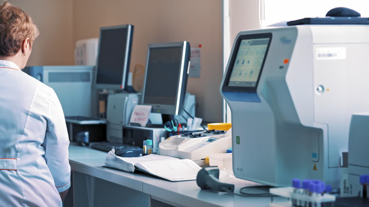 Laboratory technician woman checking the analysis of blood, working on the computer. Female scientist writing the results in the notebook on a modern clinic background.