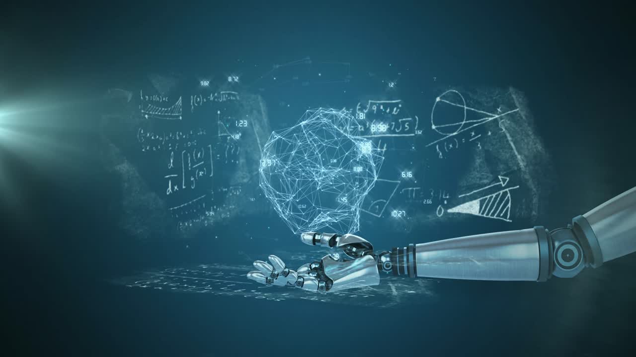 파란색 배경의 수학 방정식에 대한 로 ⁇  손에 대한 연결 네트워크의 지구