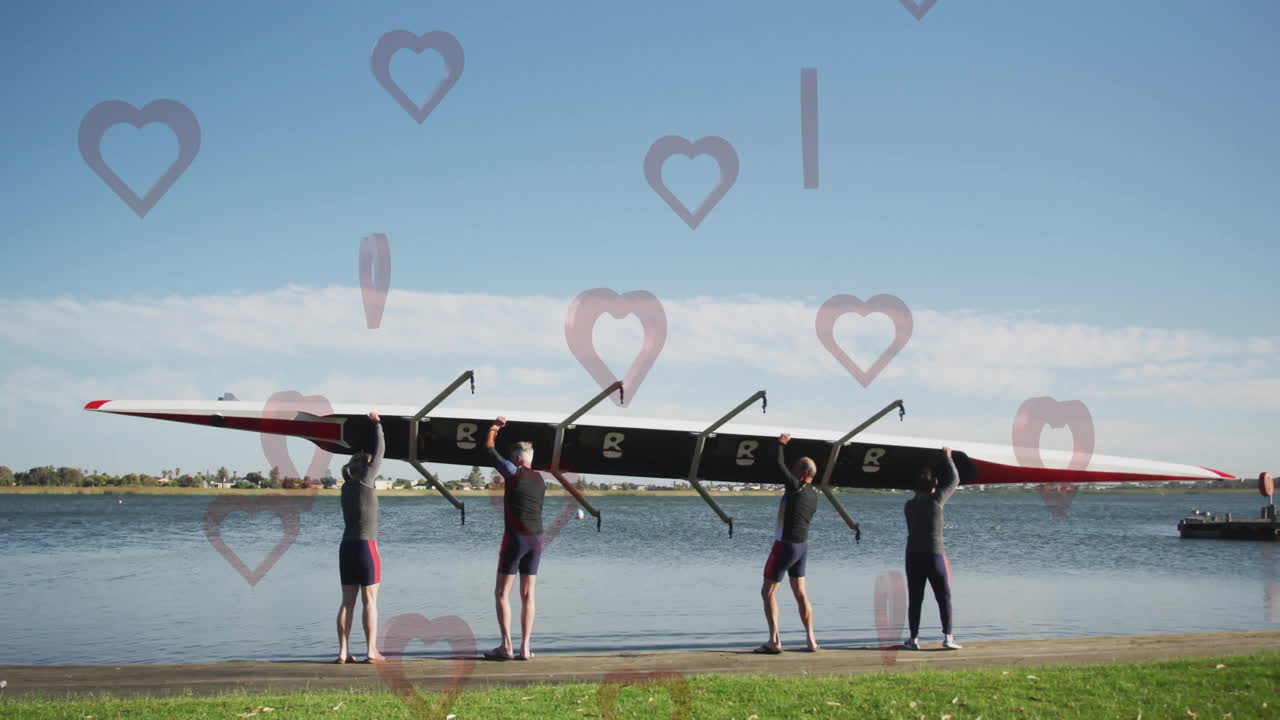 Carrying boat near water, rowers with heart animation overlay in teamwork