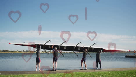 Carrying boat near water, rowers with heart animation overlay in teamwork