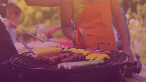 animation of happy caucasian family having bbq and talking