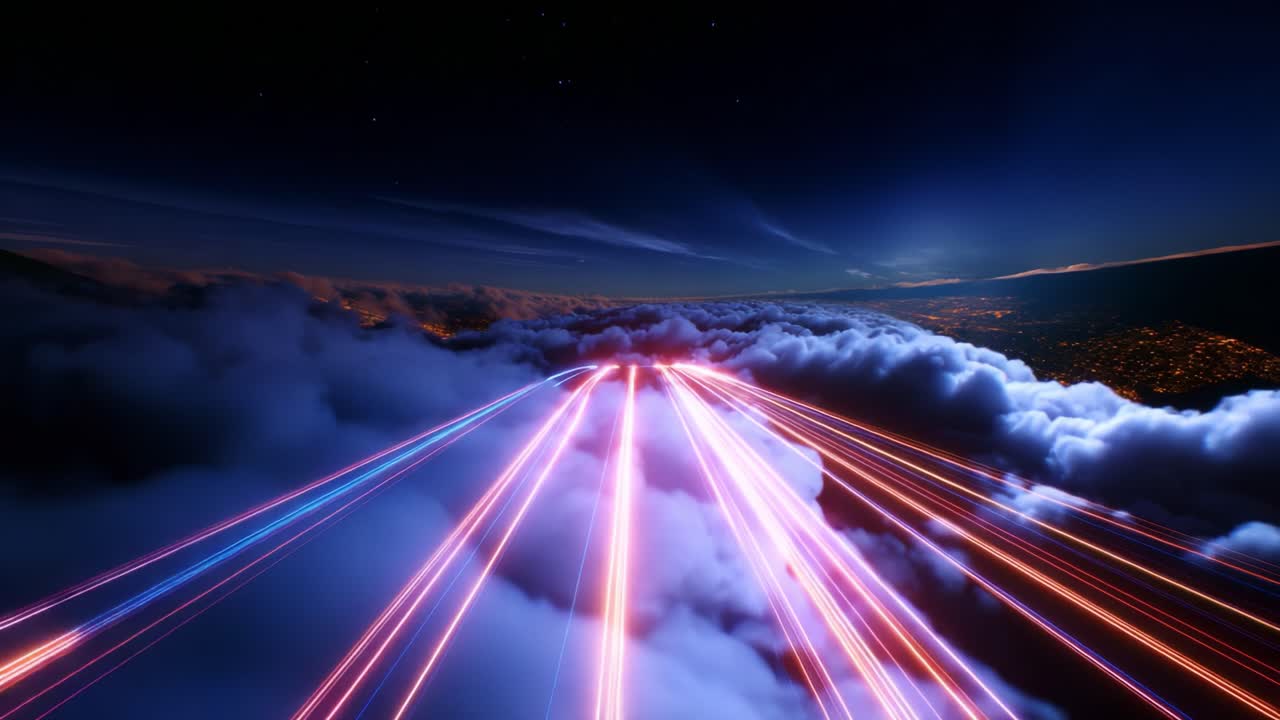 A Stunning Visual Journey Through the Clouds with Vibrant Light Trails Illustrating Motion and Energy in a Night Sky, Capturing the Essence of Travel and the Beauty of Nature's Wonders
