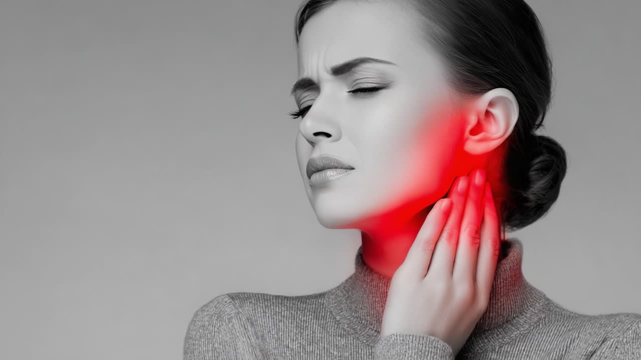 Una donna prova disagio nella zona del collo, mostrando un'espressione di dolore mentre si tiene il collo, enfatizzando il tema della consapevolezza corporea e delle preoccupazioni per la salute