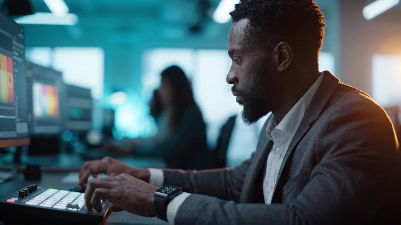 Focused Professional Engaged in Creative Work at a Computer during a Modern Office Environment with Colorful Visuals and a Dynamic Atmosphere