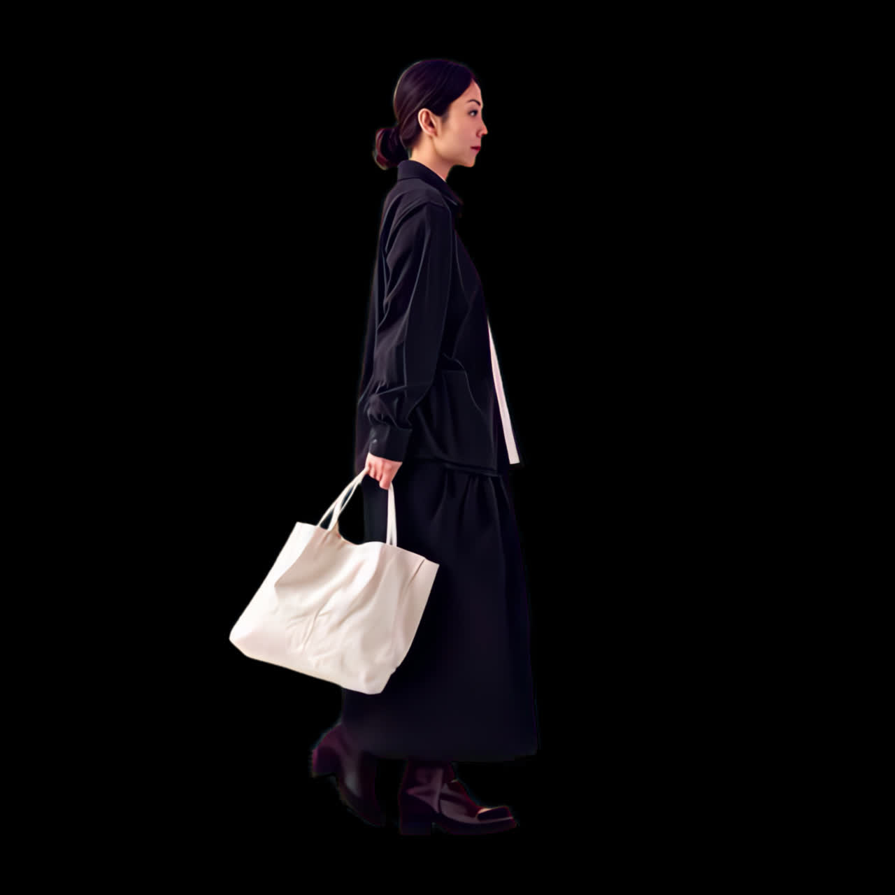 Stylish woman with tote bag animation isolated asset, transparent 4K video, alpha channel, ProRes