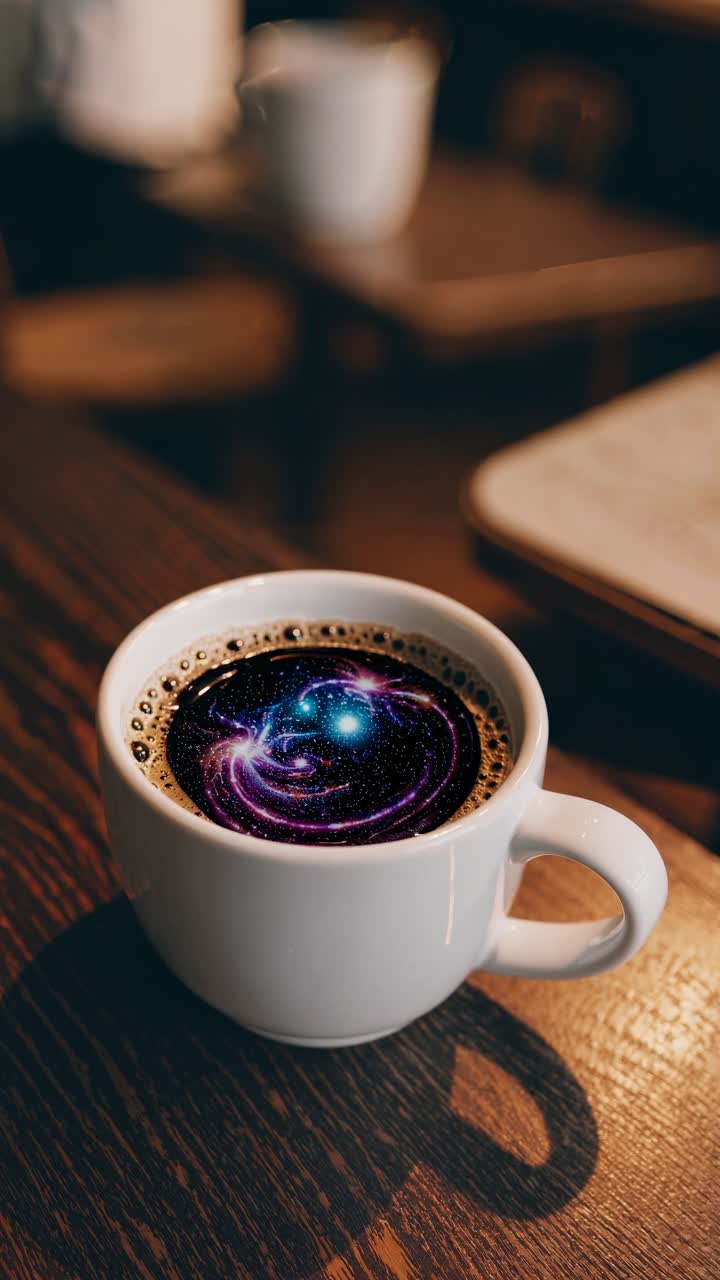 Una vista dall'alto ipnotica di una tazza di caffè con una galassia all'interno, che fonde meraviglia cosmica