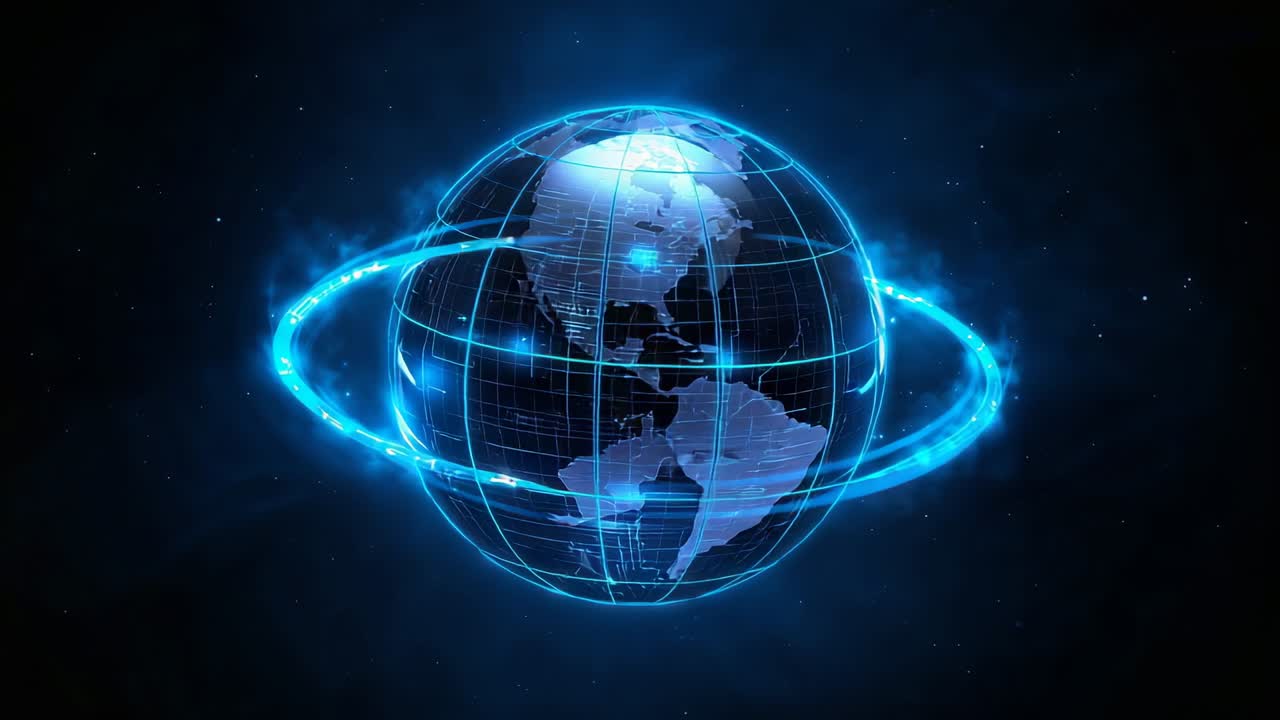 Appearing holographic globe rotating in starfield, displaying data with electric-blue ring and grid