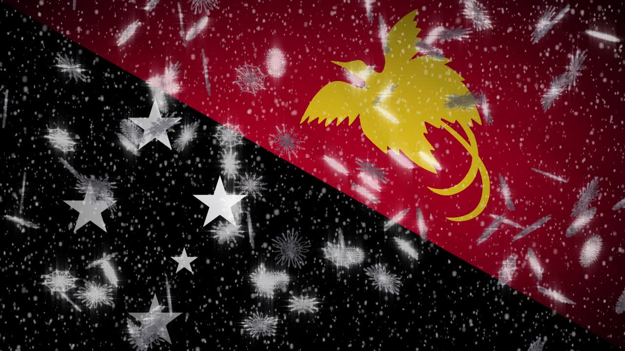 Papua New Guinea flag falling snow loopable, New Year and Christmas background, loop