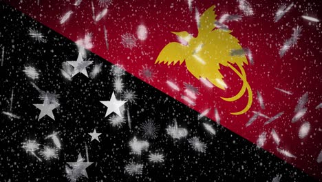 Papua New Guinea flag falling snow loopable, New Year and Christmas background, loop