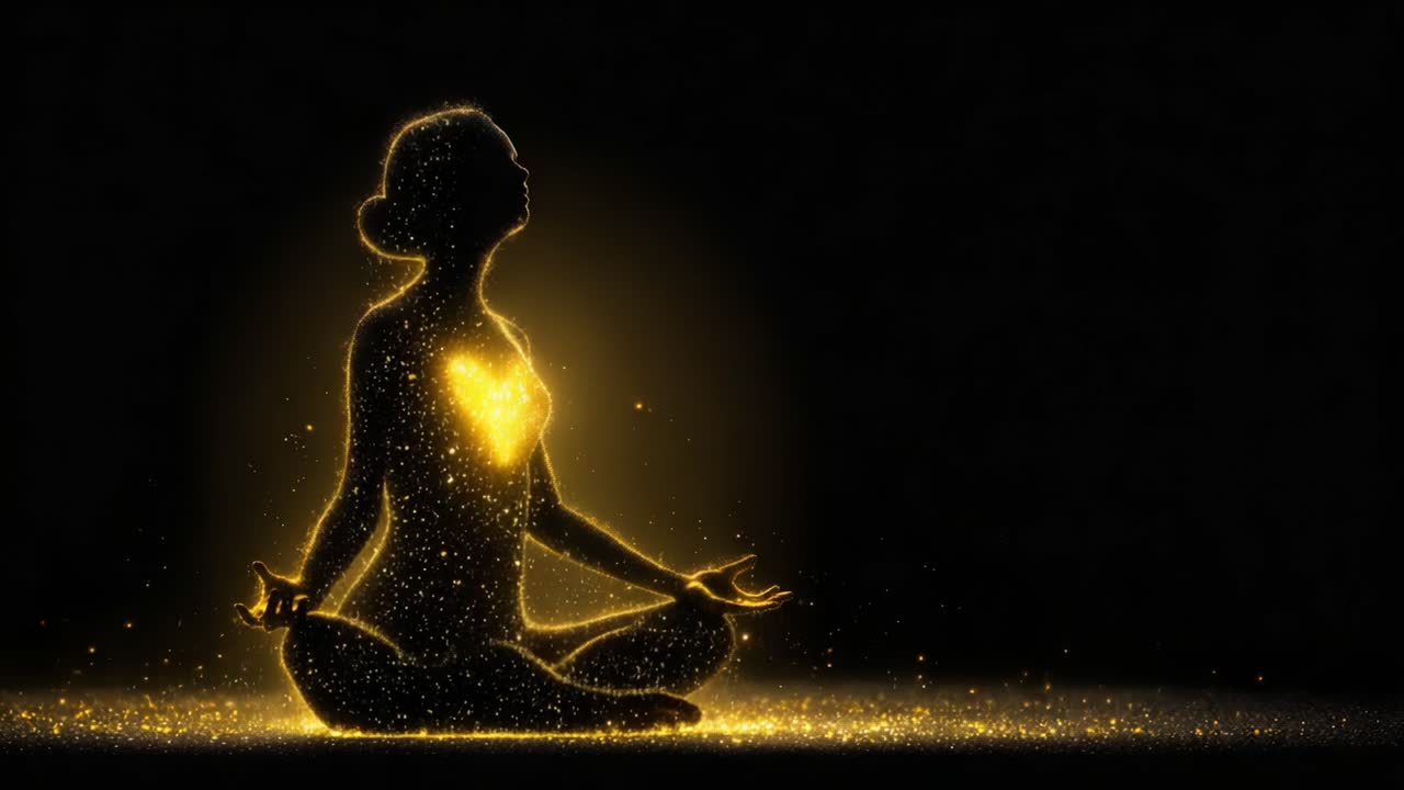 Un Momento Trascendente di Auto-Scoperta: Una Silhouette Seduta in Meditazione con un Cuore Radioso, che Illumina lo Spazio Circostante con Scintille Dorate di Energia e Luce.