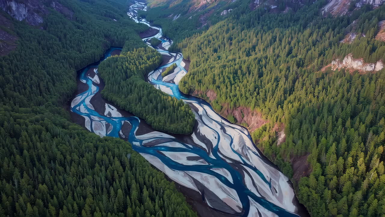 Aerial View of a Braided River Winding Through a Lush Forest Valley