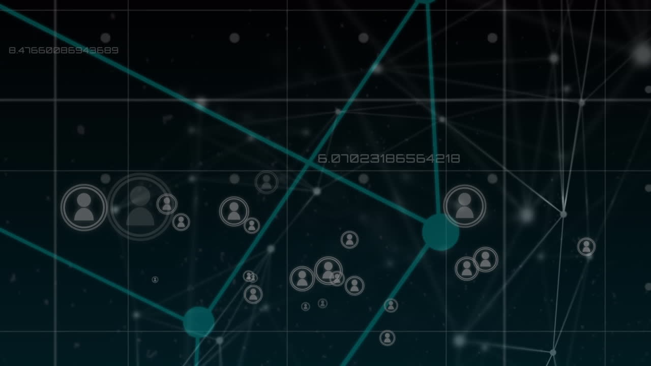 Animation of network of connections with icons on blue background