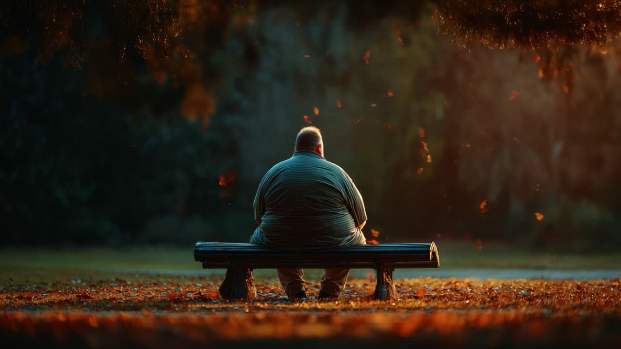 A Solitary Figure in a Serene Autumn Setting, Surrounded by Falling Leaves, Reflects Contemplation and Peace on a Quiet Bench During the Golden Hour of Dusk