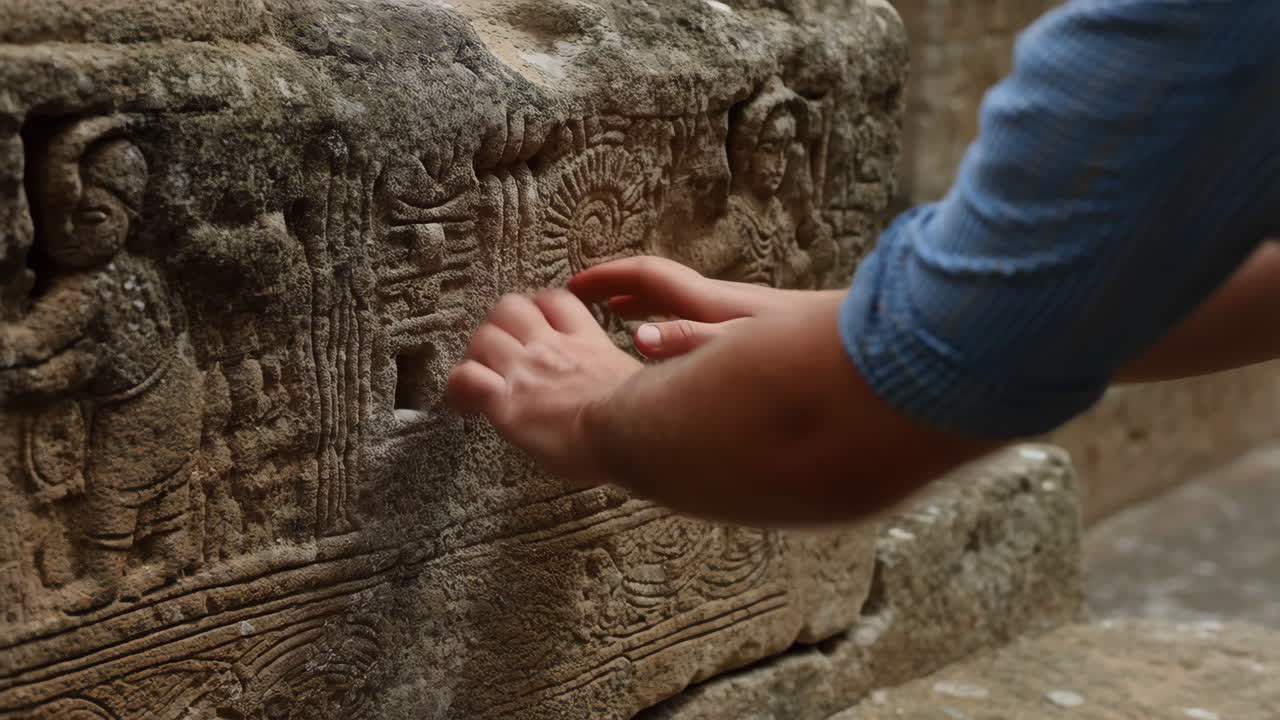 Hands Touching Ancient Stone Carvings