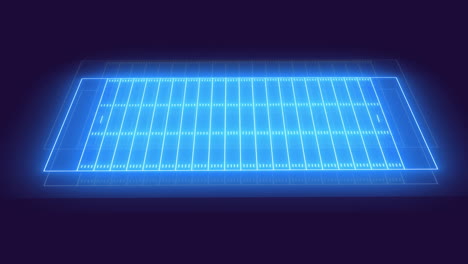 animation of glowing blue neon sports pitch moving over black background