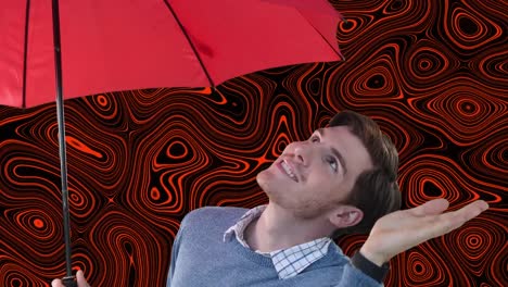 animación de un hombre de negocios con paraguas rojo sobre un fondo líquido rojo