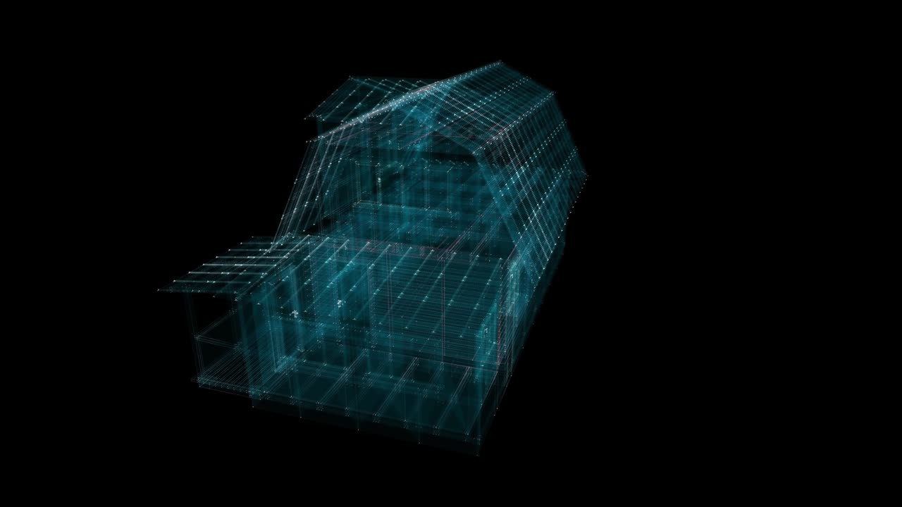 casa digital 3d de partículas. vuela alrededor de un edificio residencial de dos pisos
