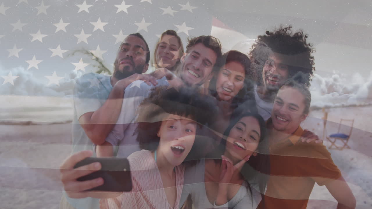Taking selfie on beach, group of friends with American flag animation