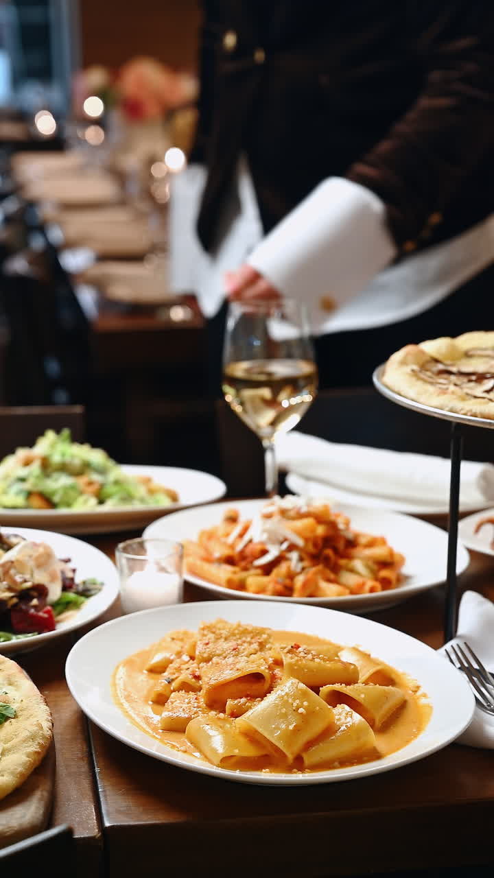 Esperienza culinaria serale in un ristorante con diverse portate. Le pietanze vengono servite su un tavolo e includono pasta, insalata e un dessert, mentre un cameriere porta altro cibo.