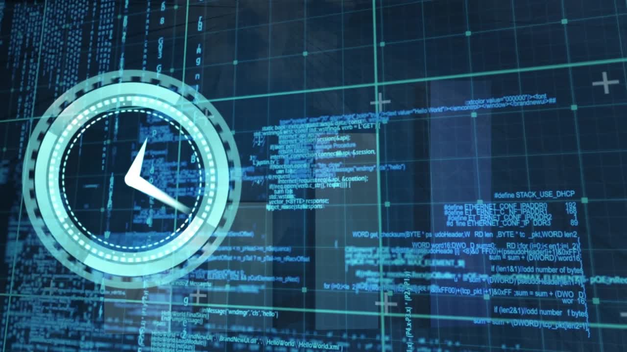 Animation of moving clock over data processing over office clock