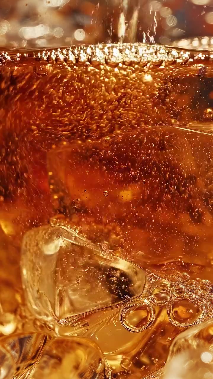 Primo piano di cola rinfrescante che si versa su cubetti di ghiaccio