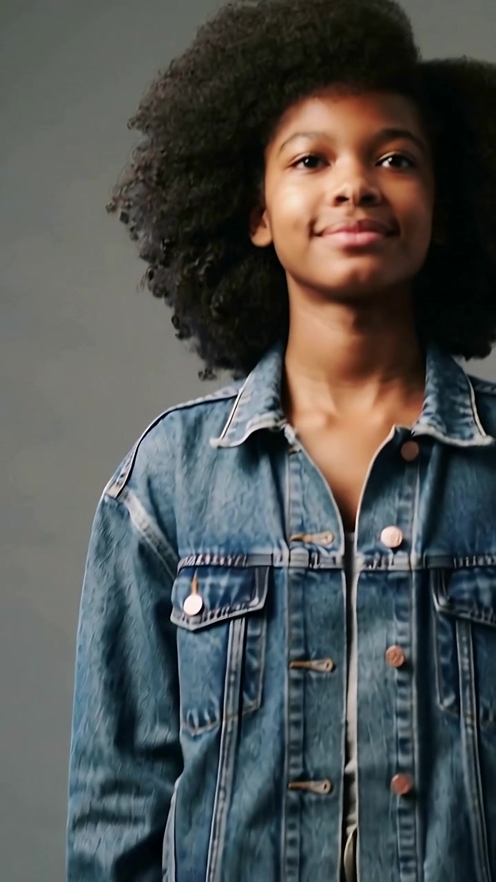 Video verticale: Modella che cammina verso l'obiettivo su indicazione, si ferma e posa per il servizio fotografico con giacca di jeans