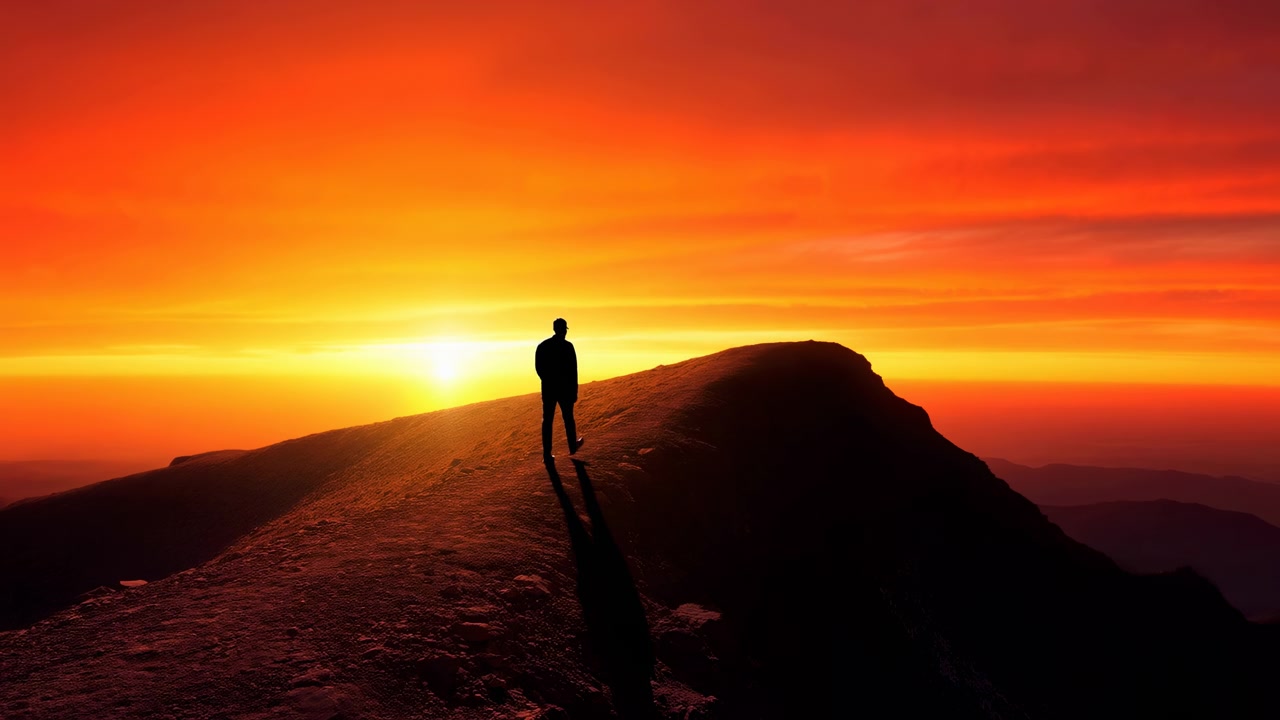 Una figura solitaria si erge su una cresta frastagliata, di fronte a un orizzonte luminoso sotto un drammatico cielo serale arancione e rosso con montagne scure in lontananza.
