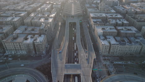aerial view of rush hour traffic on a new york city freeway. shot at sunrise in washington heights.