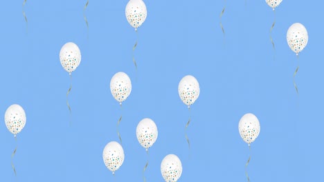 digital animation of multiple white round balloons floating against blue background