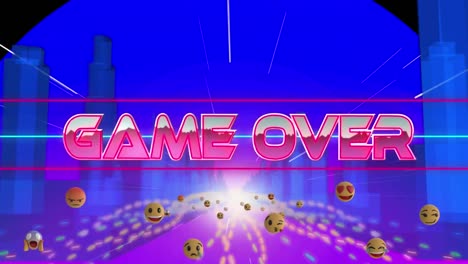 Animation-of-game-over-text-in-metallic-pink-letters-over-cityscape-and-emojis