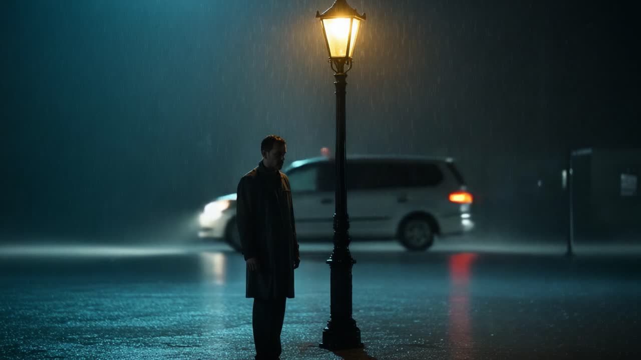A man stands under a lamppost in the rain at night