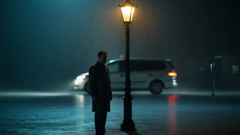 a man stands under a lamppost in the rain at night