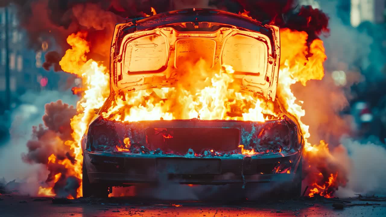 un coche en llamas en el medio de una calle de la ciudad