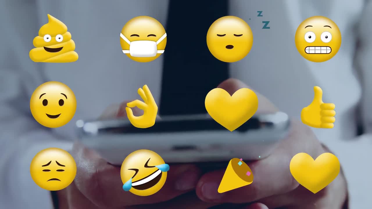 hombre usando un teléfono móvil y diferentes emojis