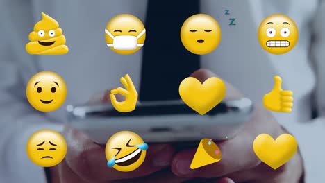 Mann-Benutzt-Ein-Mobiltelefon-Und-Verschiedene-Emojis
