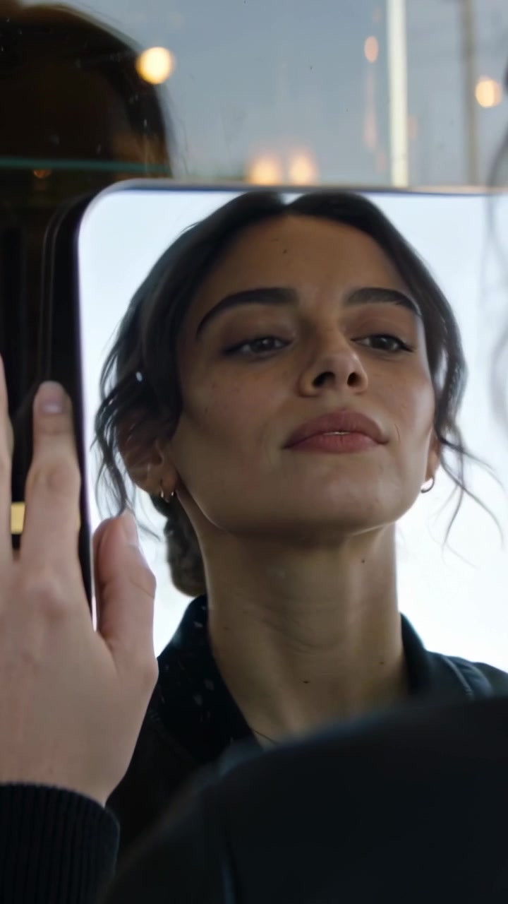 Video verticale: Donna che si ispeziona, controllando il riflesso dopo aver sollevato un pannello con la mano all'interno della stanza, mentre si sistema.