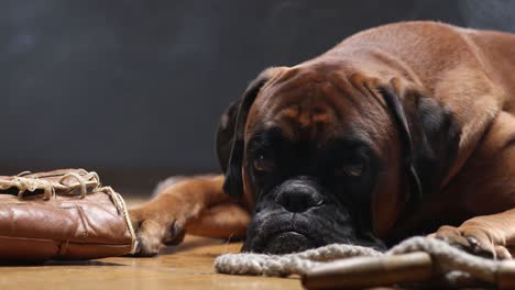 boxer dog lying down on the floor and playing with brown vintage boxing gloves.