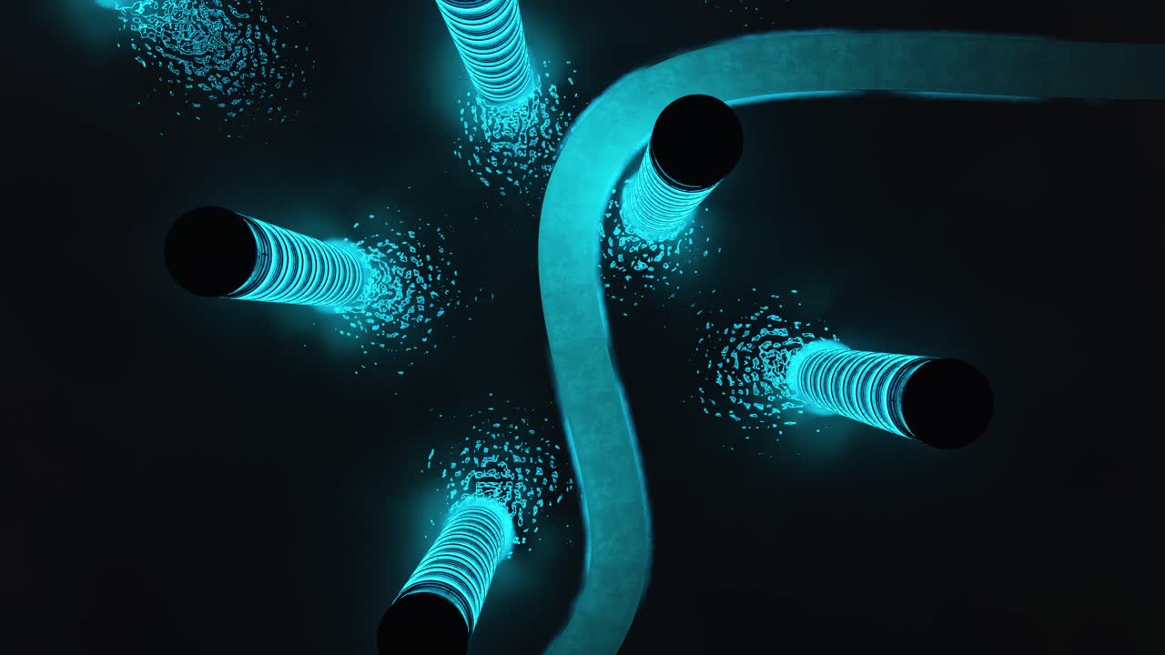 Skyscrapers with neon lights in sparkling starry night. 3d animation render